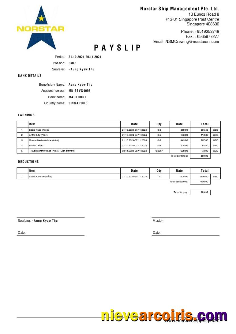 Norstar Ship Management payslip